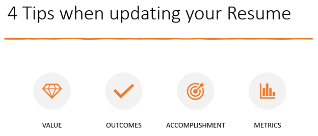 Image showing 4 tips when updating your resume: Value Outcomes Accomplishment Metrics